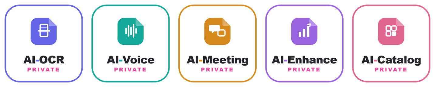 AIプライベート 製品ラインナップ（AI-OCR／AI-Voice／AI-Meeting／AI-Enhance／AI-Catalog）